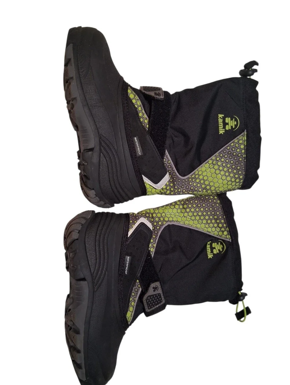 Kamik Kids Waterproof Snow Boots Black Neon Green Toggle Strap Youth Size 1